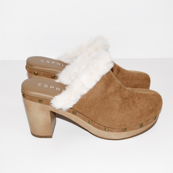 Esprit Wina Faux Fur Suede Camel Tan Clogs - Picture 3 of 7